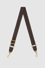 Front product shot of the Oroton Heather Narrow Webbing Strap in Coffee Bean and 30mm Jacquard Logo Webbing for Women .