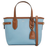 Front product shot of the Oroton Laura Small Tote in Sky Blue/Cognac and Premium pebble leather for Women .