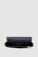 Internal product shot of the Oroton Laura Flap Over Crossbody in Dark Navy/Cognac and Premium pebble leather for Women .