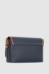 Back product shot of the Oroton Laura Flap Over Crossbody in Dark Navy/Cognac and Premium pebble leather for Women .