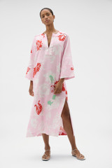 Profile view of model wearing the Oroton Cabana Floral Long Tunic Dress in Rose and 100% heavy linen fabric for Women .