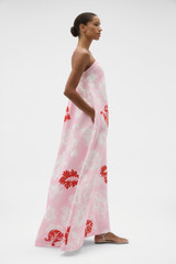 Profile view of model wearing the Oroton Cabana Floral Gown in Rose and 100% structured heavy linen fabric for Women .