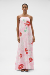 Profile view of model wearing the Oroton Cabana Floral Gown in Rose and 100% structured heavy linen fabric for Women .