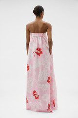 Profile view of model wearing the Oroton Cabana Floral Gown in Rose and 100% structured heavy linen fabric for Women .