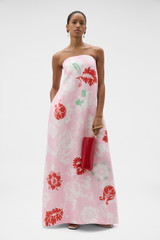 Profile view of model wearing the Oroton Cabana Floral Gown in Rose and 100% structured heavy linen fabric for Women . IP:6