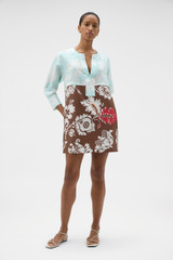 Profile view of model wearing the Oroton Cabana Floral Tunic Dress in Glass/Chocolate and 100% silk dupion fabric for Women .