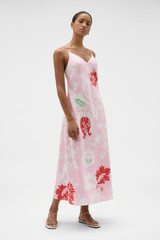Profile view of model wearing the Oroton Cabana Floral Slip Dress in Rose and 100% silk dupion fabric for Women .