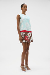 Profile view of model wearing the Oroton Cabana Floral Mini Dress in Glass and 100% silk dupion fabric for Women .