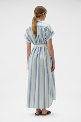 Profile view of model wearing the Oroton Vintage Stripe Dress in Flag Blue and 100% cotton fabric for Women .