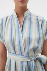 Profile view of model wearing the Oroton Vintage Stripe Dress in Flag Blue and 100% cotton fabric for Women .