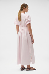 Profile view of model wearing the Oroton Isla Detail Dress in Palest Pink and 100% cotton poplin fabric for Women .