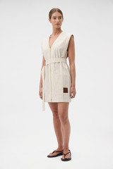 Profile view of model wearing the Oroton Summer Stripe Zip Through Tunic in Calico and 100% cotton fabric for Women .