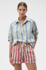 Profile view of model wearing the Oroton Holiday Stripe Short in Market Red and 100% cotton fabric for Women .