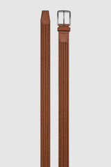 Front product shot of the Oroton Jessie Woven Belt in Cognac and Premium woven bonded leather for Men .