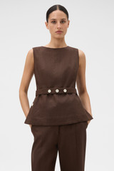 Profile view of model wearing the Oroton Button Detail Shell in Espresso and 100% midweight linen fabric for Women .