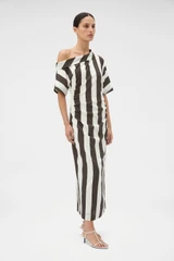 Profile view of model wearing the Oroton Slub Silk Stripe Dress in Chocolate and 92% silk and 8% spandex blend fabric for Women .
