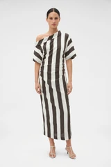 Profile view of model wearing the Oroton Slub Silk Stripe Dress in Chocolate and 92% silk and 8% spandex blend fabric for Women .