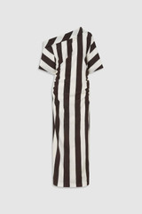 Front product shot of the Oroton Slub Silk Stripe Dress in Chocolate and 92% silk and 8% spandex blend fabric for Women .