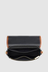 Internal product shot of the Oroton Laura Flap Over Crossbody in Black/Cognac and Premium pebble leather for Women .