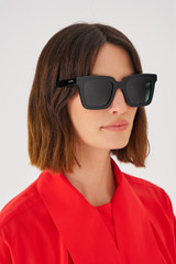 Profile view of model wearing the Oroton Easton Polarised Sunglasses in Black and Acetate material for Women .