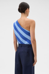 Profile view of model wearing the Oroton Slub Silk Stripe Top in Azure Blue and 100% silk fabric for Women .