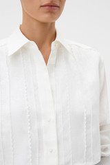 Profile view of model wearing the Oroton Stitch Detail Shirt in White and 100% linen fabric for Women .