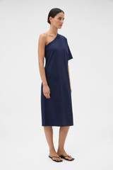 Profile view of model wearing the Oroton One Shoulder Dress in North Sea and 100% cotton fabric for Women .