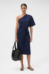 Profile view of model wearing the Oroton One Shoulder Dress in North Sea and 100% cotton fabric for Women .