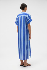 Profile view of model wearing the Oroton Slub Silk Stripe Column Dress in Azure Blue and 100% silk fabric for Women .