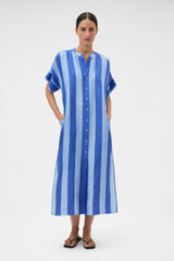Profile view of model wearing the Oroton Slub Silk Stripe Column Dress in Azure Blue and 100% silk fabric for Women .