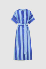 Front product shot of the Oroton Slub Silk Stripe Column Dress in Azure Blue and 100% silk fabric for Women .