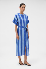 Profile view of model wearing the Oroton Slub Silk Stripe Column Dress in Azure Blue and 100% silk fabric for Women .
