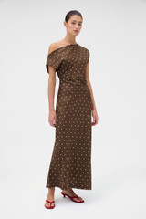 Profile view of model wearing the Oroton Graphic Spot Dress in Dark Chocolate and 100% Silk for Women .