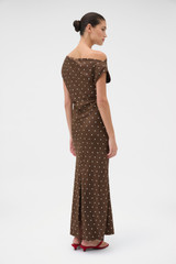 Profile view of model wearing the Oroton Graphic Spot Dress in Dark Chocolate and 100% Silk for Women .