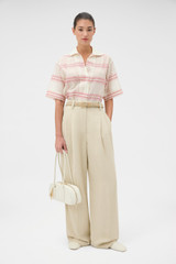 Profile view of model wearing the Oroton Windowpane Check Shirt in Cream and 80% Cotton, 20% silk for Women .