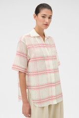 Profile view of model wearing the Oroton Windowpane Check Shirt in Cream and 80% Cotton, 20% silk for Women .