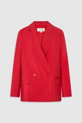 Front product shot of the Oroton Soft Double Breasted Blazer in Ribbon Red and 77% viscose and 23% polyamide blend fabric for Women .
