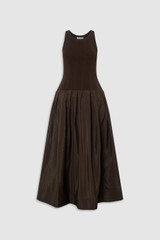 Front product shot of the Oroton Knit Bodice Midi Dress in Dark Chocolate and Knit: 100% cotton; Skirt: 77% viscose, 23% polyester for Women .