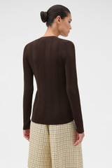 Profile view of model wearing the Oroton Ribbed Cardigan in Dark Chocolate and 100% Cotton for Women .