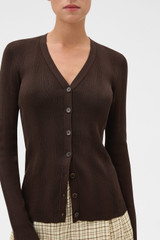 Profile view of model wearing the Oroton Ribbed Cardigan in Dark Chocolate and 100% Cotton for Women .