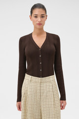 Profile view of model wearing the Oroton Ribbed Cardigan in Dark Chocolate and 100% Cotton for Women .