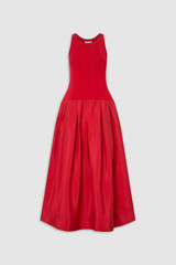 Front product shot of the Oroton Knit Bodice Midi Dress in Ribbon Red and Knit: 100% cotton; Skirt: 77% viscose, 23% polyester for Women .