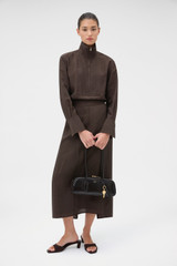 Profile view of model wearing the Oroton Half Placket Zip Shirt in Dark Chocolate and 77% Viscose, 23% polyamide for Women .