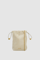 Front product shot of the Oroton Nola Drawstring Pouch in Clotted Cream and Premium textured leather for Women .