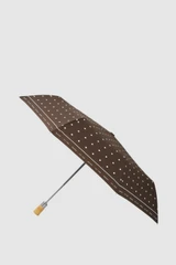 Front product shot of the Oroton Bamboo Small Umbrella in Chocolate Dot and 100% polyester fabric for Women .