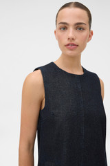 Profile view of model wearing the Oroton Denim Dress in Dark Denim and 100% cotton fabric for Women .