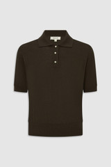 Front product shot of the Oroton Short Sleeve Knit Polo in Bitter Chocolate and 100% Pima cotton yarn fabric for Women .