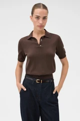 Profile view of model wearing the Oroton Short Sleeve Knit Polo in Bitter Chocolate and 100% Pima cotton yarn fabric for Women .