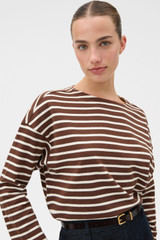 Profile view of model wearing the Oroton Stripe Market Tee in Dark Chocolate and 100% cotton fabric for Women .