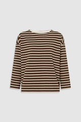 Front product shot of the Oroton Stripe Market Tee in Dark Chocolate and 100% cotton fabric for Women .